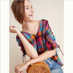 Maeve Anthropologie Plaid statement sleeve top